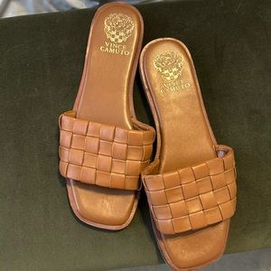 Brown leather slides
